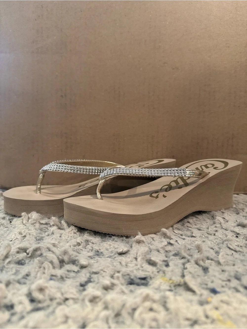 Candie's Nude Rhinestone Wedge Flip Flops